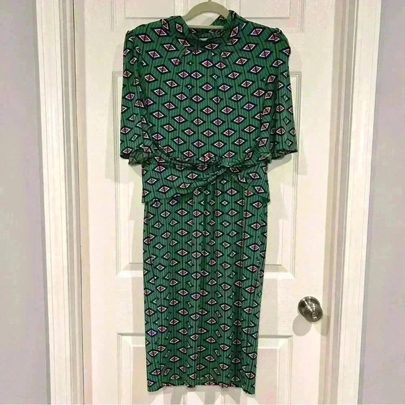 Jolie Moi Green Geometric Flowy Sleeve Midi Dress Women Size 14 EU 42 Cut Out - Picture 3 of 15